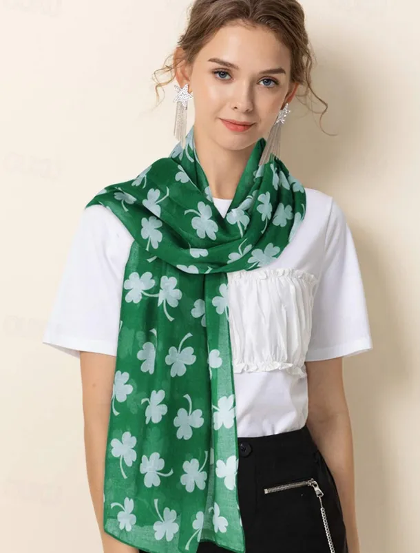 St. Patrick's Day Shamrock Scarf for Women, Lightweight Clover Print Wrap, Festive Green Accessory for Holiday Celebrations, Parties, and Everyday Wear