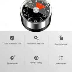 Stainless Steel Mechanical Kitchen Cooking Timer Magnet Round Shape 60 Minutes Countdown Cooking Clock Alarm Time Reminder
