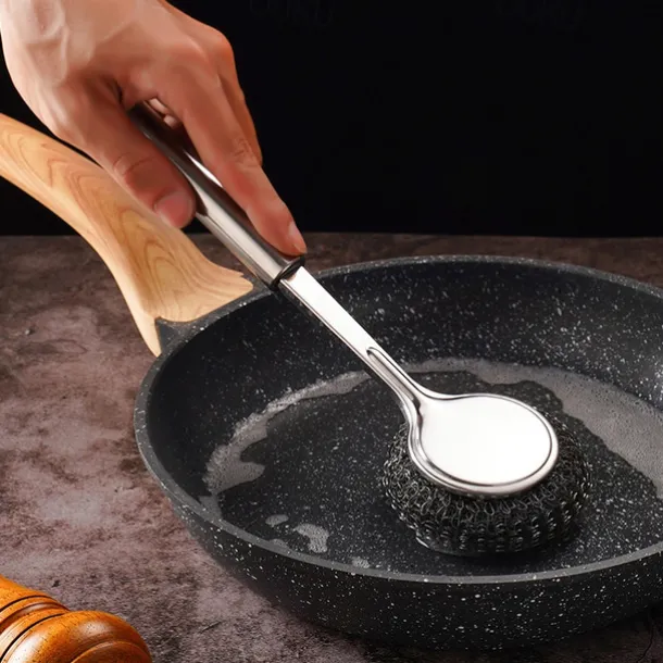 Stainless Steel Pot Brush with Long Handle, Multifunctional Kitchen Artifact Cleaning Pots and Bowls, Stainless Steel Pot Brush, Universal Steel Brush for Pots, Pans, Grills, Sink