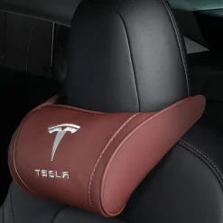 StarFire 1 Pack Genuine Leather Hanging Car Seat Pillow Neck Support Headrest for Tesla 3 S X Y Models Black Red Coffee Colors Optional