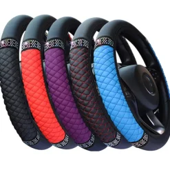 StarFire Four Seasons Universal Car Steering Wheel Cover 37-38cm Leather Embroidered Color Diamond-Studded Elastic Steering Wheel Cover