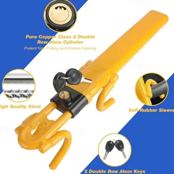 Steering Wheel Lock Anti Theft Car Device Steering Wheel Lock Anti-Theft Device Adjustable Length Clamp Double Row Atom Keys Steering Lock Car Steering Wheel Lock Heavy Duty Secure Device