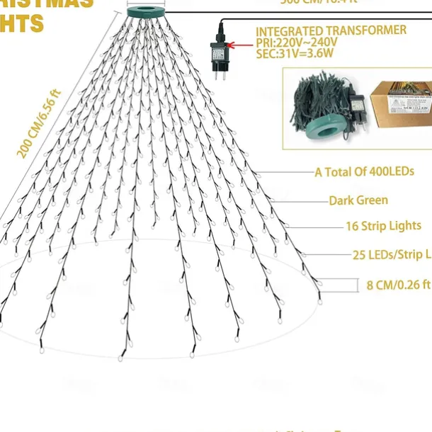 String Lights LED Christmas Tree with Ring 400LED Christmas Tree Lights with 16 Strands 2m Christmas Tree String Lights Christmas Lights String Lights for 150cm-240cm Tree
