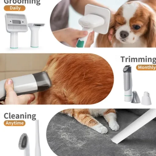Strong Power 7 in 1 Pet Grooming Vacuum Kit - Professional Clippers with 6 Guide Combs Mulifunctional Tools for 99% Pet Hair Removal - Dogs Cats and Other Animals