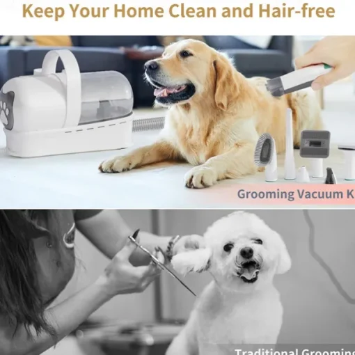 Strong Power 7 in 1 Pet Grooming Vacuum Kit - Professional Clippers with 6 Guide Combs Mulifunctional Tools for 99% Pet Hair Removal - Dogs Cats and Other Animals