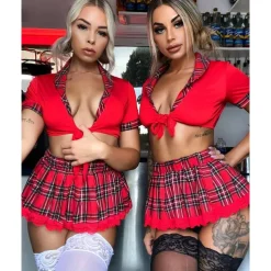 Student Uniform Lingerie Set for Women Two Piece Lingerie Outfits Sexy Lace Lingerie with Tie Top and Mini Pleated Skirt Sexy Halloween Costume