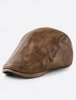 Stylish Brown Faux Leather Flat Cap with Vintage Finish | Perfect for Casual and Dressy Occasions