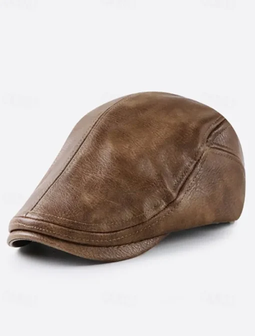 Stylish Brown Faux Leather Flat Cap with Vintage Finish | Perfect for Casual and Dressy Occasions