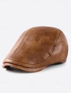 Stylish Brown Faux Leather Flat Cap with Vintage Finish | Perfect for Casual and Dressy Occasions