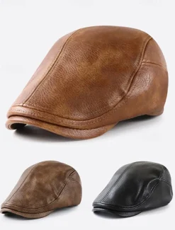 Stylish Brown Faux Leather Flat Cap with Vintage Finish | Perfect for Casual and Dressy Occasions