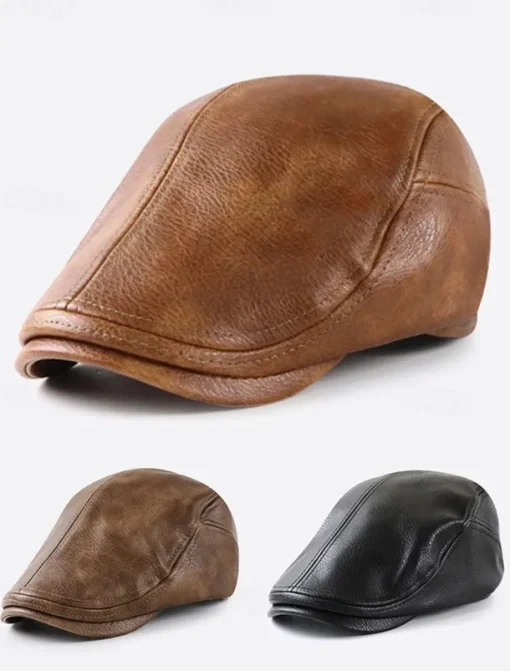 Stylish Brown Faux Leather Flat Cap with Vintage Finish | Perfect for Casual and Dressy Occasions