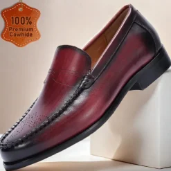 Stylish Burgundy Leather Loafers with Hand-Stitched Brogue Detail for Men | Perfect for Casual and Business Casual