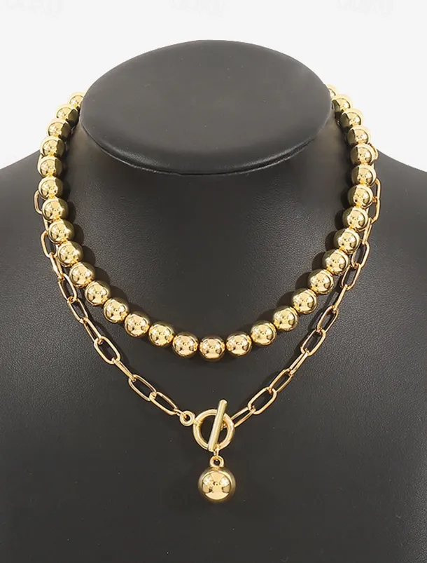 Stylish Silver Ball Bead Necklace and Bracelet – Chunky Layered Chain Design with Toggle Clasp for Modern Chic Look