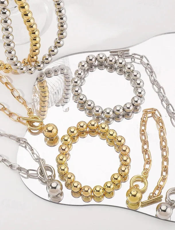 Stylish Silver Ball Bead Necklace and Bracelet – Chunky Layered Chain Design with Toggle Clasp for Modern Chic Look