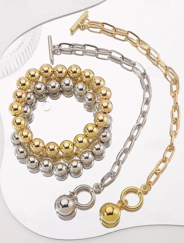 Stylish Silver Ball Bead Necklace and Bracelet – Chunky Layered Chain Design with Toggle Clasp for Modern Chic Look
