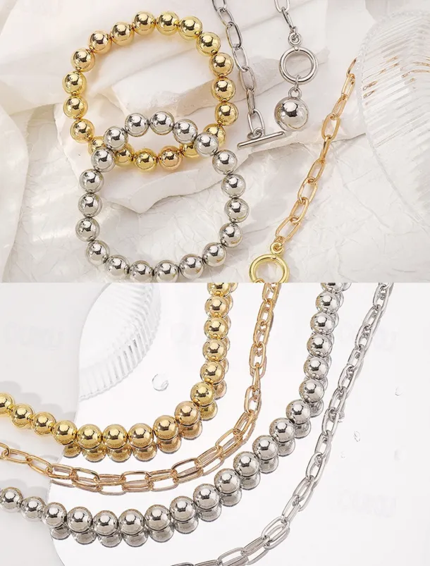 Stylish Silver Ball Bead Necklace and Bracelet – Chunky Layered Chain Design with Toggle Clasp for Modern Chic Look