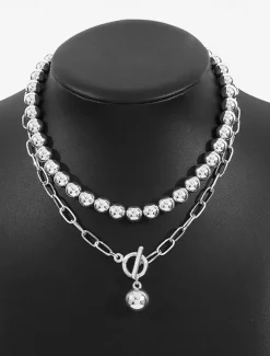 Stylish Silver Ball Bead Necklace and Bracelet – Chunky Layered Chain Design with Toggle Clasp for Modern Chic Look