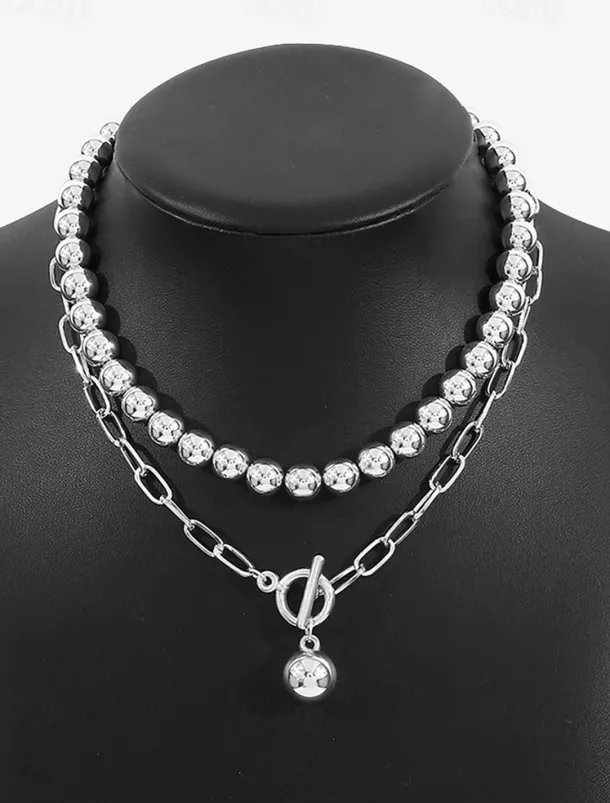 Stylish Silver Ball Bead Necklace and Bracelet – Chunky Layered Chain Design with Toggle Clasp for Modern Chic Look