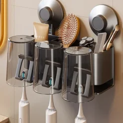 Suction Cup Toothbrush Holder with Cups, Bathroom Shelf Mouthwash Cup Toothbrush Holder, Shower Organiser, Wall Mounted Toothbrush, Bathroom Organiser, No Drill Toothbrush Organiser