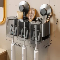 Suction Cup Toothbrush Holder with Cups, Bathroom Shelf Mouthwash Cup Toothbrush Holder, Shower Organiser, Wall Mounted Toothbrush, Bathroom Organiser, No Drill Toothbrush Organiser