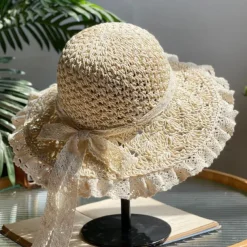 Summer Elegant Crochet Straw Hat with Ruffle One Size Sunshade