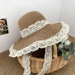 Summer Elegant Crochet Straw Hat with Ruffle One Size Sunshade