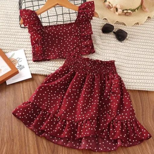 Summer Girls Clothing Sets Two Piece Sleeveless +Short Skirt Wave Point Children Fashion Girls Clothes Suit Party Casual Outfits
