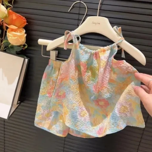 Summer Oil Painting Style New Suspender Set For Girls With Suspender Skirts And Pants Two-Piece Set Vest Skirt