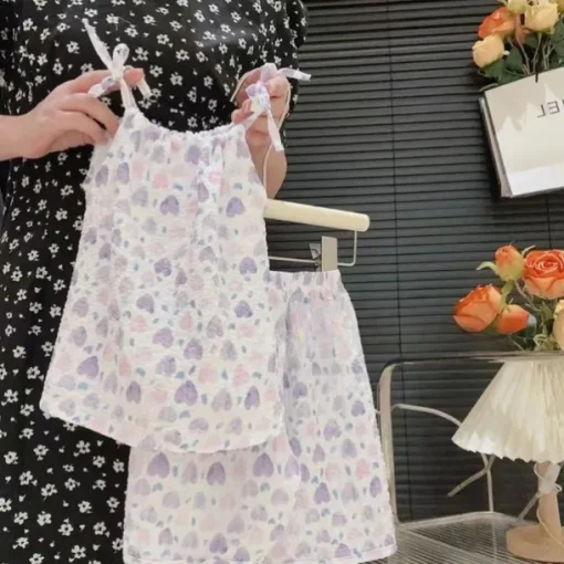 Summer Oil Painting Style New Suspender Set For Girls With Suspender Skirts And Pants Two-Piece Set Vest Skirt