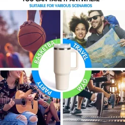 Summer Tumbler with Handle 40 oz and Straw Lid, 304 Stainless Steel Water Bottle, Travel Mug Insulated Tumblers Iced for Tea Coffee Gift, Large Capacity Car Cup with Straw