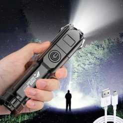 Super Bright ABS Strong Light Focusing Led Flashlight Outdoor Portable Home Built-in Battery Rechargeable Multi-function Torch