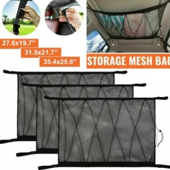 SUV Car Ceiling Storage Net Pocket Double-Layer Mesh Car Roof Bag Interior Cargo Net Breathable Mesh Bag Auto Stowing Tidying Travel Long Trip Camping Interior Accessories