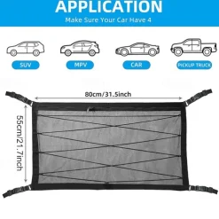 SUV Car Ceiling Storage Net Pocket Double-Layer Mesh Car Roof Bag Interior Cargo Net Breathable Mesh Bag Auto Stowing Tidying Travel Long Trip Camping Interior Accessories