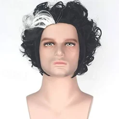 Sweeney Todd Cosplay Wigs for Men Short Bob Curly Synthetic Wig White Highlight Black Color Hair Natural Hairline Heat Resistant Fiber Wigs for Boy Party Halloween Wigs
