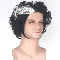 Sweeney Todd Cosplay Wigs for Men Short Bob Curly Synthetic Wig White Highlight Black Color Hair Natural Hairline Heat Resistant Fiber Wigs for Boy Party Halloween Wigs