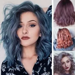 Synthetic Wig Curly Asymmetrical Machine Made Wig Medium Length Grey Ombre Blue Synthetic Hair 16 inch Women's Mixed Color / Engagement Party / Bridal Shower / Honeymoon Christmas Party Wigs