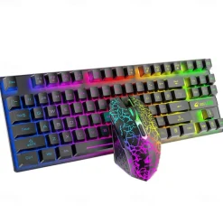T87 Rechargeable Keyboard and Mouse Set Wireless Mechanical Feel Multicolor Backlit Gaming Keyboard Mouse Set Wireless Waterproof 2.4G USB Drive