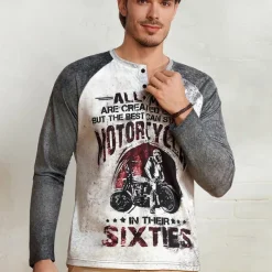 T shirt Tee Henley Shirt Graphic Prints Motorcycle Henley Clothing Apparel Outdoor Casual Long Sleeve Button-Down Print Stylish Lightweight Vintage Sixties Grey And White