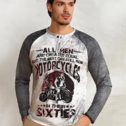 T shirt Tee Henley Shirt Graphic Prints Motorcycle Henley Clothing Apparel Outdoor Casual Long Sleeve Button-Down Print Stylish Lightweight Vintage Sixties Grey And White