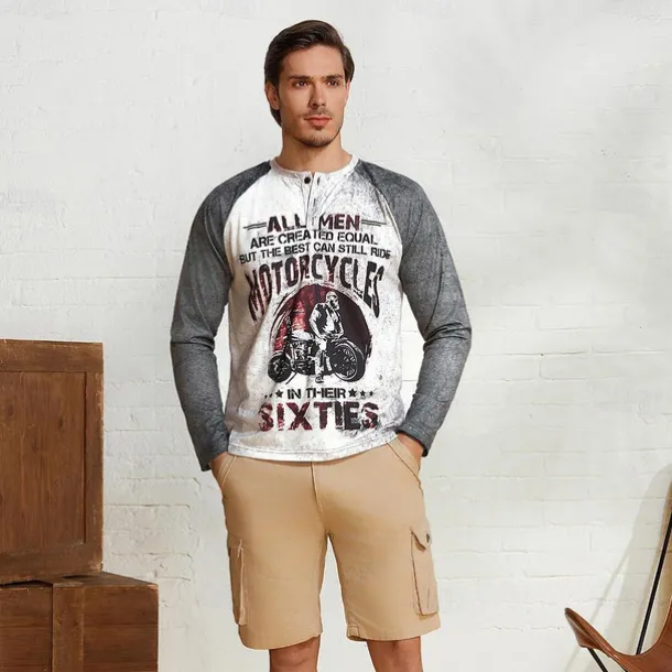 T shirt Tee Henley Shirt Graphic Prints Motorcycle Henley Clothing Apparel Outdoor Casual Long Sleeve Button-Down Print Stylish Lightweight Vintage Sixties Grey And White