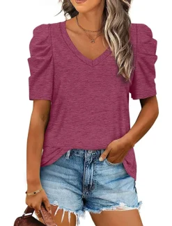 T shirt Tee Women's Black White Purple Plain Ruched Street Daily Fashion V Neck Regular Fit S