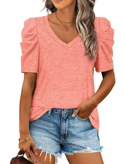T shirt Tee Women's Black White Purple Plain Ruched Street Daily Fashion V Neck Regular Fit S