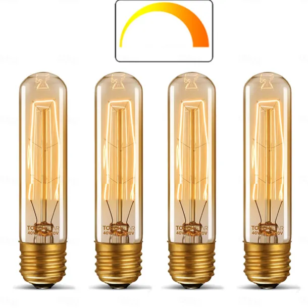 T10 Vintage Edison Light Bulb 40 Watt Dimmable Antique Tubular Old Fashioned Incandescent Bulb Warm White E26/E27 Base Amber Glass Lamp for Home Light Fixtures Decorative AC220V AC110V