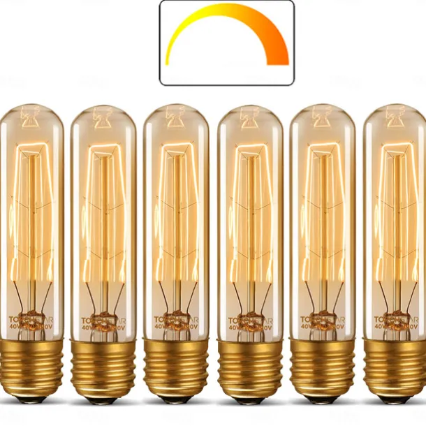 T10 Vintage Edison Light Bulb 40 Watt Dimmable Antique Tubular Old Fashioned Incandescent Bulb Warm White E26/E27 Base Amber Glass Lamp for Home Light Fixtures Decorative AC220V AC110V