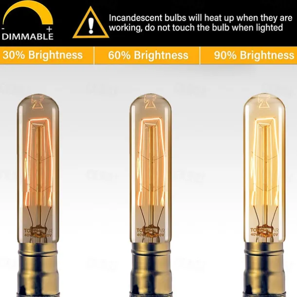 T10 Vintage Edison Light Bulb 40 Watt Dimmable Antique Tubular Old Fashioned Incandescent Bulb Warm White E26/E27 Base Amber Glass Lamp for Home Light Fixtures Decorative AC220V AC110V