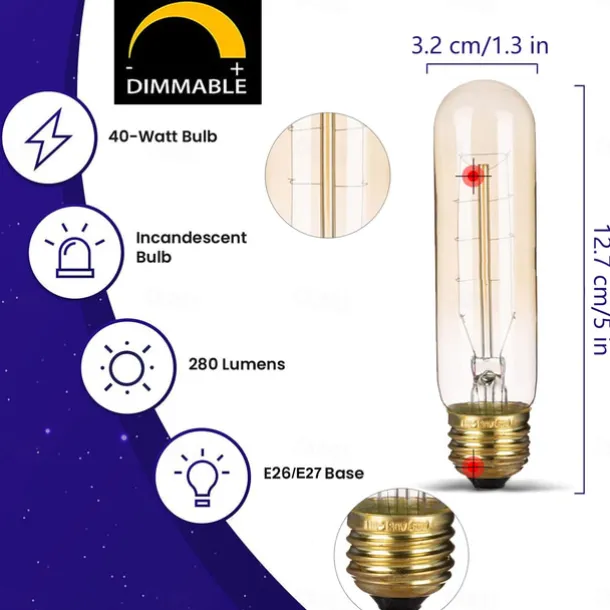 T10 Vintage Edison Light Bulb 40 Watt Dimmable Antique Tubular Old Fashioned Incandescent Bulb Warm White E26/E27 Base Amber Glass Lamp for Home Light Fixtures Decorative AC220V AC110V