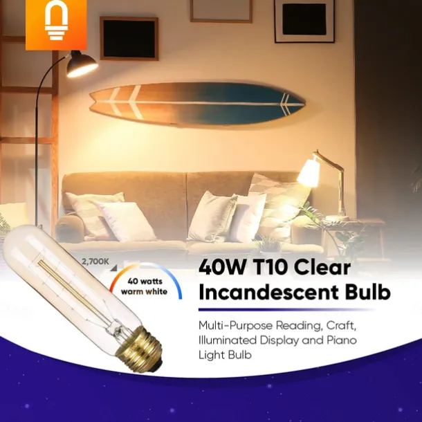 T10 Vintage Edison Light Bulb 40 Watt Dimmable Antique Tubular Old Fashioned Incandescent Bulb Warm White E26/E27 Base Amber Glass Lamp for Home Light Fixtures Decorative AC220V AC110V