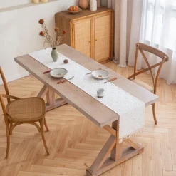 Table Runner with Tassels Spring Star Applique Vintage French Country Farmhouse Double-layer Polyester