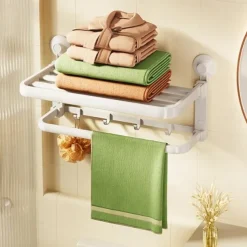 TAILI Aluminum Alloy Suction Cup Towel Rack with Towel Bar Holder, No Drill Foldable Towel Shelf with Hooks,Towel Storage Organizer for Bathroom Bath Shower