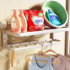 TAILI Aluminum Alloy Suction Cup Towel Rack with Towel Bar Holder, No Drill Foldable Towel Shelf with Hooks,Towel Storage Organizer for Bathroom Bath Shower